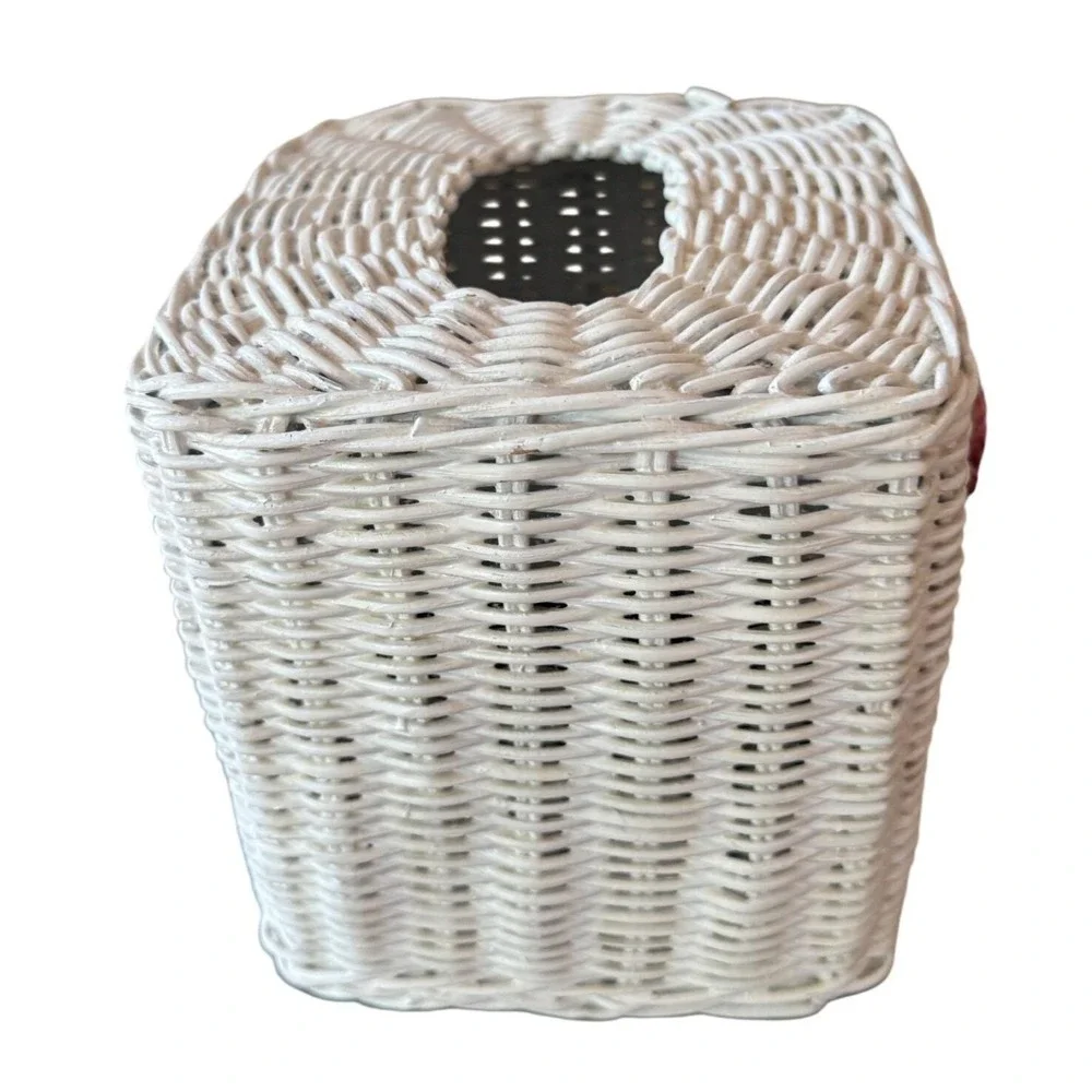 Wicker Tissue Box Cover - White Ceramic Rose - Cottagecore Shabby Chic Decor